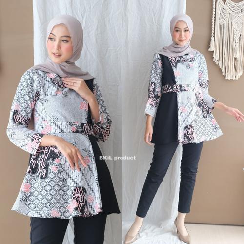 Foto Produk Atasan Wanita Blouse Batik Modern Kombinasi moscrepe Murah M L Xl - Hitam, M dari Batik Em YS