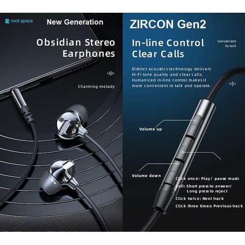 Foto Produk 100% Original ROCK Zircon Stereo Earphone with Mic Headset Handsfree - Hitam dari Pasti Original Asli