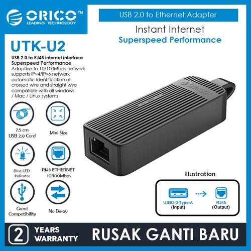 Gambar ORICO USB 2.0 to Ethernet LAN Adapter 100 Mbps - UTK-U2 - Hitam dari ORICO INDONESIA Jakarta Utara Tokopedia