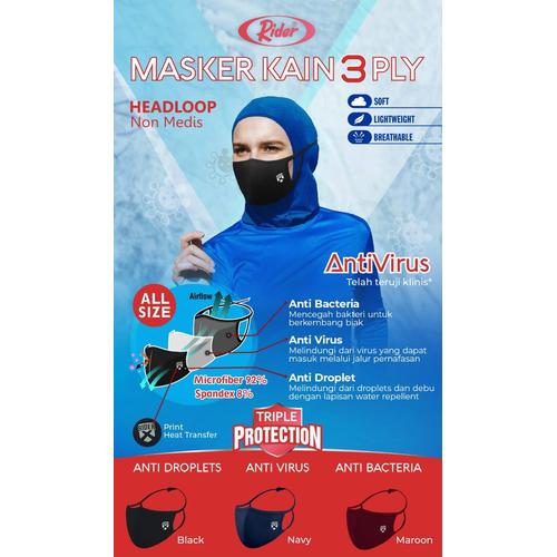 Foto Produk Masker Kain Rider AntiVirus 3 Ply (3 Lapis) - Model Headloop/Hijab - Hitam dari diorama-shop