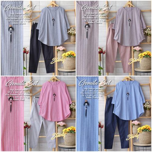 Foto Produk New Gemila Set Setelan Celana Wanita Baju Kerja Modis Motif Salur dari Ilyassa Shop