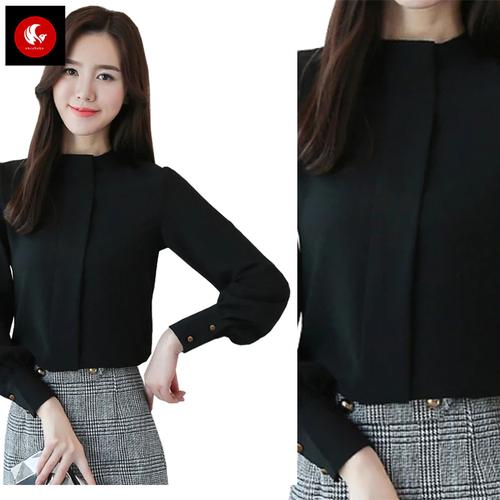 Foto Produk ARINA Okechuku Blouse Tangan Panjang Wanita Gaya Korea Model Terbaru - Hitam, M dari Okechuku