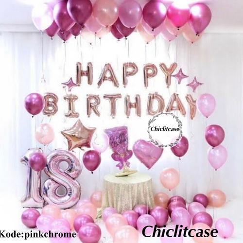 Foto Produk Set paket balon ulang tahun chrome pink red dekorasi birthday fancy dari chic lit case