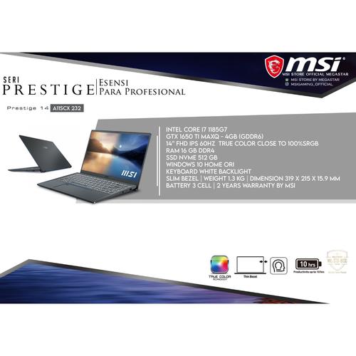 Foto Produk LAPTOP MSI PRESTIGE 14 A11SCX 232 ( i7-1185G7 / GTX1650 MaxQ - 4GB) dari MSI Store by Megastar