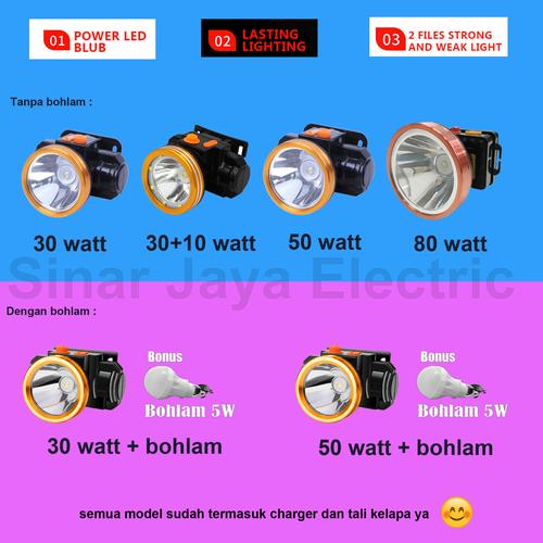 Foto Produk Headlamp head lamp lampu senter kepala super sepeda 30w 30+10w 50w 80w - 50 watt, Kuning dari Sinar Jaya Electric