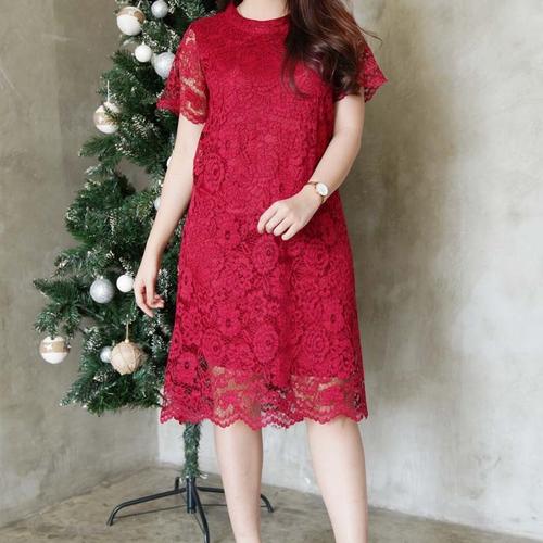 Jual D104 O neck midi lace dress short 