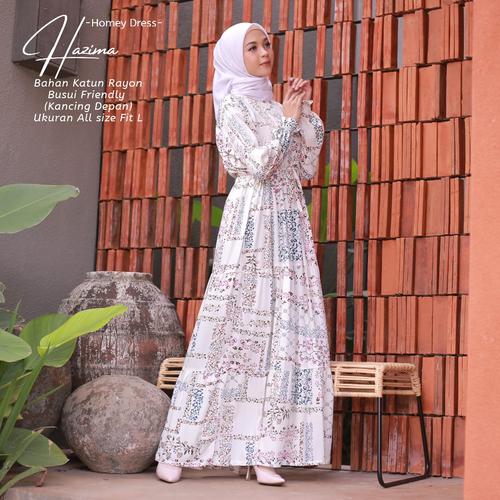 Foto Produk Homey Dress Motif-Homey Dress Hazima-Bahan Katun Rayon-Gamis Wanita - white, L dari BeautyOneSurabaya