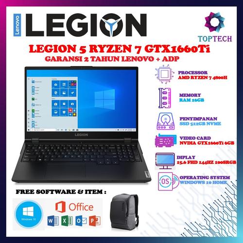 Foto Produk LENOVO LEGION 5 144Hz RYZEN 7 4800 16GB 512ssd GTX1660Ti W10+OHS A6ID - PHANTHOM BLACK dari Top Tech