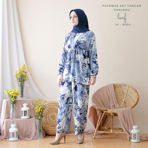 Foto Produk vSamantha Pajamas Set Celana Muslim BUSUI Friendly Leaf 01 - Biru dari vSamantha