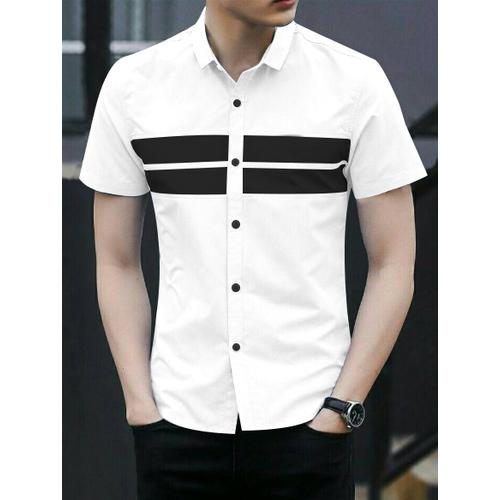Foto Produk GARAF DEN Baju Kemeja Lengan Pendek Pria putih Hitam Polos Slimfit - Putih, M dari Garaf Official