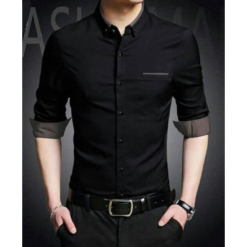Foto Produk GARAF RAF Baju Kemeja Lengan Panjang Pria putih Hitam Polos Slimfit - Hitam, L dari Garaf Official