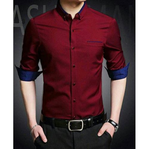 Foto Produk GARAF RAF Baju Kemeja Lengan Panjang Pria putih Hitam Polos Slimfit - maroon, XL dari Garaf Official