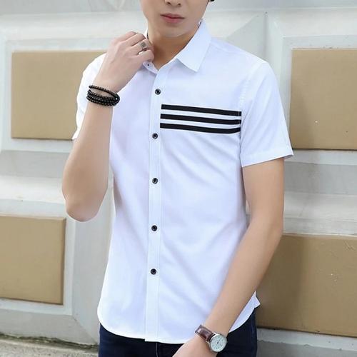 Foto Produk GARAF DONIE Baju Kemeja Lengan Pendek Pria putih Hitam Polos Slimfit - Putih, M dari Garaf Official