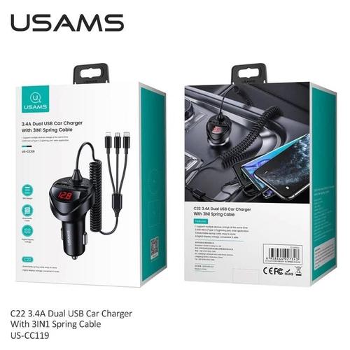 Foto Produk USAMS C22- 3.4A Dual USB Car Charger with 3IN1 Spring Cable dari mobile phone acc