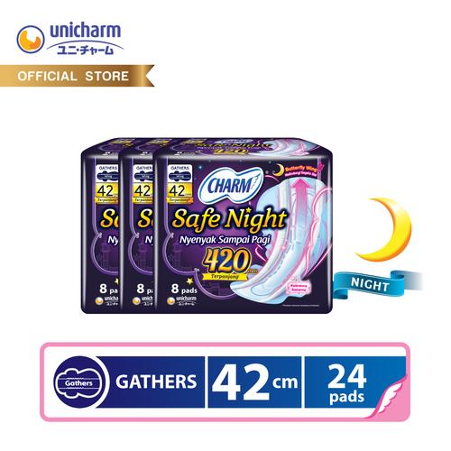 Foto Produk Charm Pembalut Safe Night 42cm Gather 8 pads - 3 packs dari Unicharm Official Store