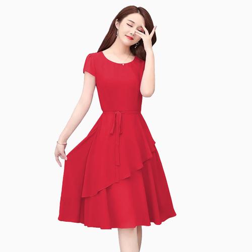 Foto Produk Dress Sifon lengan pendek gaya korea model terbaru - Jfashion Gayatri - Merah, L dari j--fashion