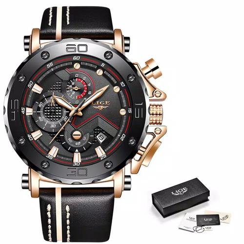 Gambar LIGE Jam Tangan Pria Analog Chrono Kulit - Hitam Emas dari collective Kab. Bandung Tokopedia