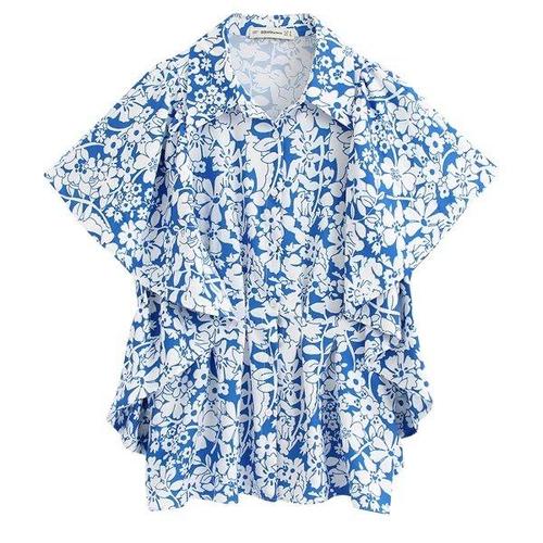 29546 Blue Flower Ruffle Sleeve Shirt 