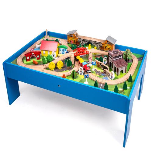 Wooden train table set - blue 108pcs 