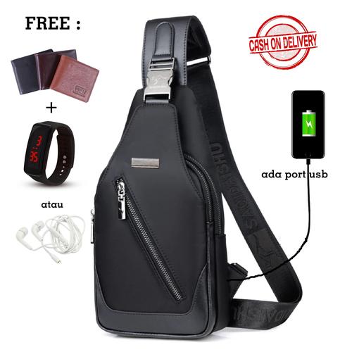 Foto Produk Tas Selempang Pria / LK Hitam, Navy, Abu / Sling Bag Pria Free dompet - Hitam dari Rits.Collection