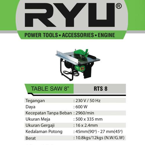 Foto Produk RYU TABLE SAW 8" RTS 8 - TABLE SAW 8" - RYU RTS 8 dari PUSAT TEKNIK TOKO