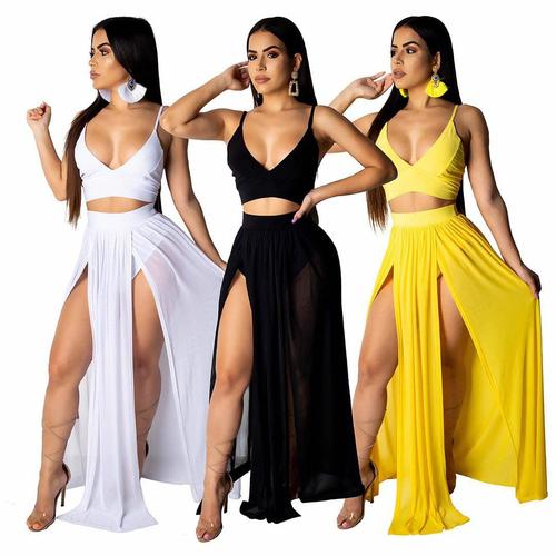 Jual v tank top set hw pants slit skirt 