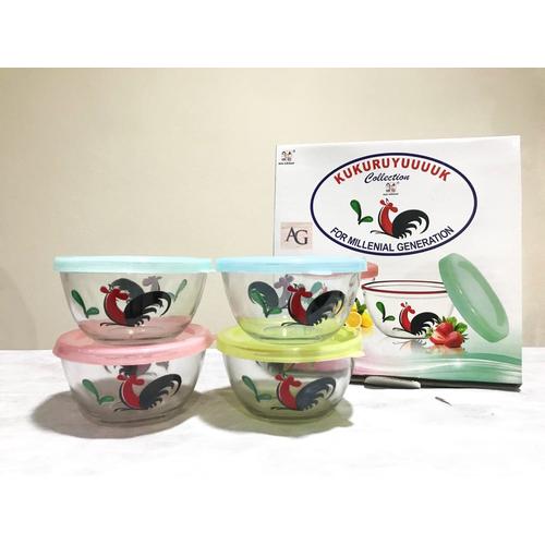 Foto Produk Mangkok ayam kaca kukuruyuk 1 set 4 pcs dengan tutup plastik warna dari Fragrace