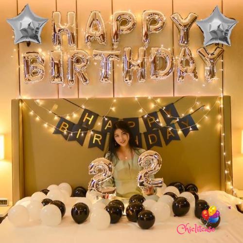Foto Produk Paket set balon dekorasi ulang tahun birthday silver black LED fancy dari chic lit case
