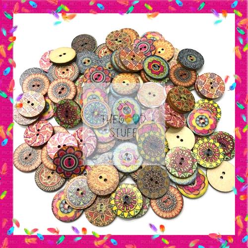 Foto Produk Kancing Kayu Mozaik Print Bunga Cokelat / Wood Buttons Scrapbook Craft dari SS TheGoodStuff
