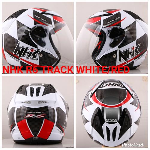 Jual helm nhk R6 motif track white/red 