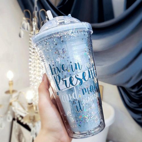 Foto Produk Glitter Tumbler Cups Blink Gelas Botol Minum Air Sedotan 450ml - Biru Muda, BubleWrap dari Togakoga