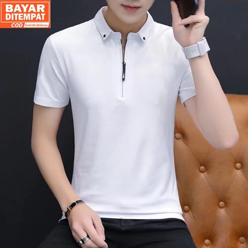 Foto Produk Baju Kaos Polo Pria Resleting Terbaru Polos Kerah Bahan Katun - Elyon - Putih, S dari Rumah Soccer ID