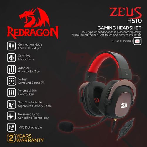 Foto Produk Redragon H510 Gaming Headset 7.1 with Microphone USB AUX ZEUS 2 - Hitam dari manekistore