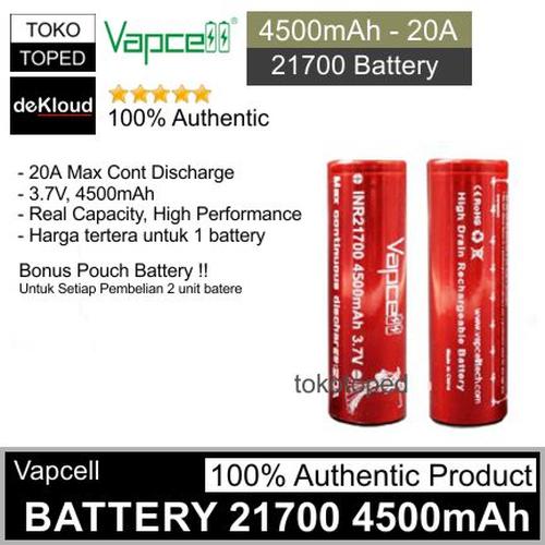 Foto Produk Authentic VAPCELL 21700 4500mAh 20A Battery | batre baterai batere cas dari deKloud