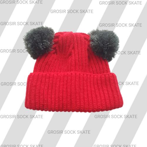 Jual topi anak beanie hat pom pom merah 