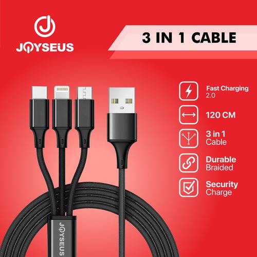 Foto Produk JOYSEUS 3 in 1 Iphone Lighting / Micro USB/ Type-C Cable - KB0021 - Hitam dari Joyseus Official Store