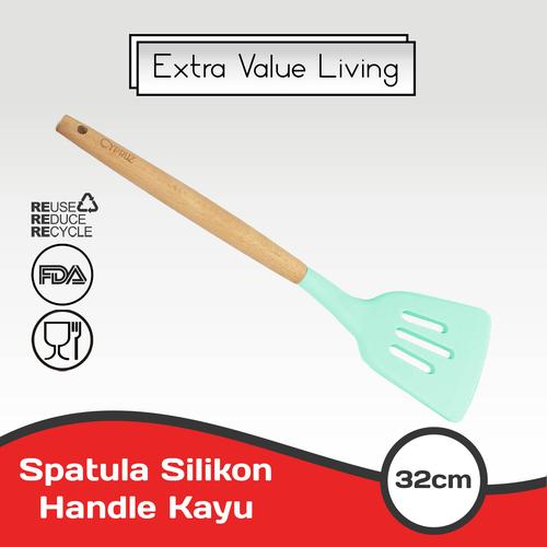 Foto Produk CYPRUZ Spatula Silikon Turner Lubang Abu Gagang Kayu EVL-AM-0931-AU-TL - Hijau dari Extra Value Living