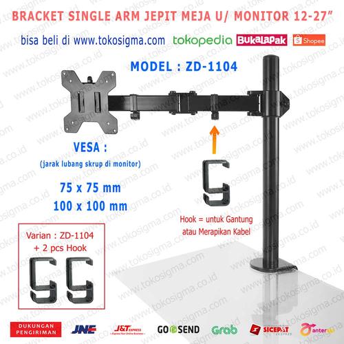Foto Produk BRACKET STAND JEPIT MEJA ZD-1104 SINGLE ARM DESK MOUNT MONITOR 13-27" - ZD1104 + 2 Hook dari tokosigma