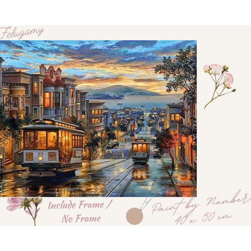Foto Produk Paint By Number Pemandangan Kota dan Gunung Sore Hari - No Frame dari Felugamy