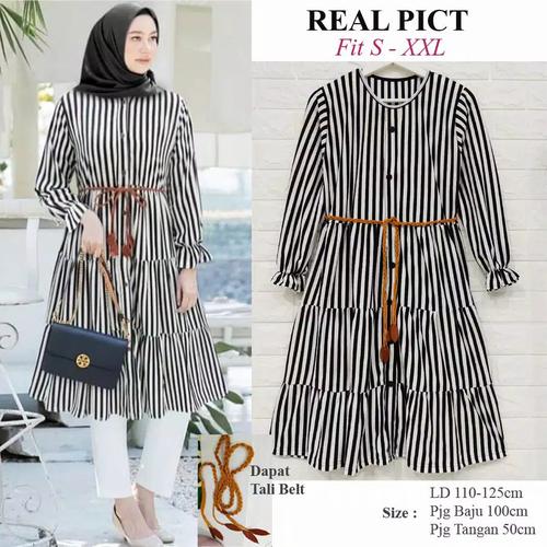 Gambar Tunik Salur + Belt Cantik (Tunik Cantik) - Hitam Putih, One Size dari 74store undefined Tokopedia