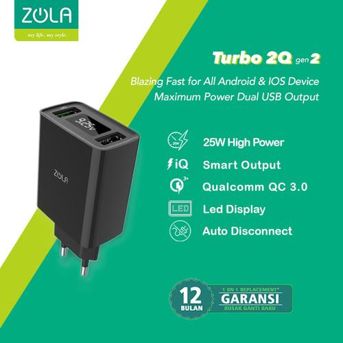Foto Produk ZOLA Turbo 2Q Gen2 Smart Led Quick Charge 3.0 USB Charger Dual Output - Hitam dari Zola Indonesia