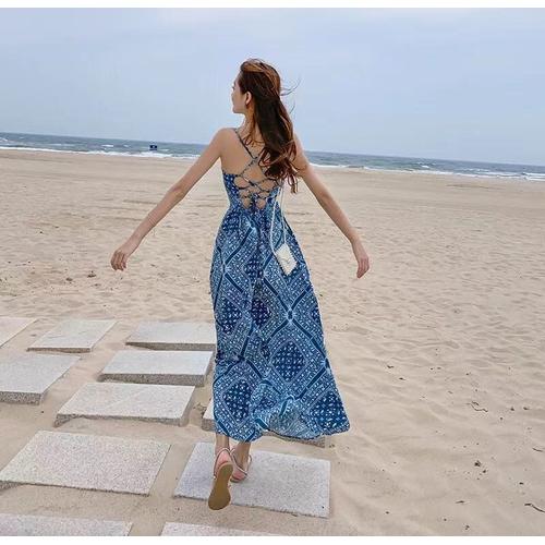 Jual BLUE backless long dress women 