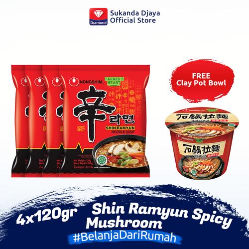 Foto Produk Nong Shim Shin Ramyun Spicy Mushroom 120 gr 4 Pcs FREE Clay Pot Bowl dari Sukanda Djaya Home