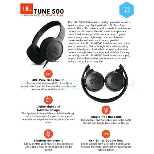 Jual JBL Tune 500 Headphone T500 PURE BASS -RESMI - Hitam - Jakarta Selatan  - Vogue Tech | Tokopedia