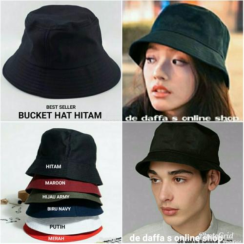 Topi bucket Hat dewasa Hitam polos pria 