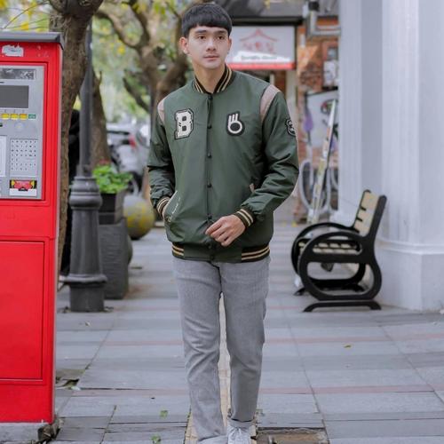 Jual jaket baseball pria B hijau M fit 