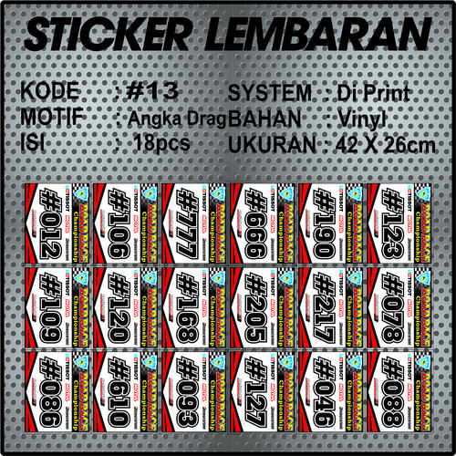 Jual Sticker lembaran #13 angka Drag Race - Kab. Banyumas - AMANDA ...