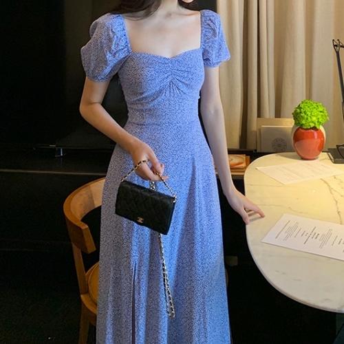 Midi Dress Square Neck Puffy Sleeve 