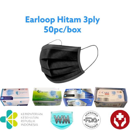 Jual Masker Earloop Black 3ply isi 50 Pcs Kemenkes Earloop 3 Ply Full ...