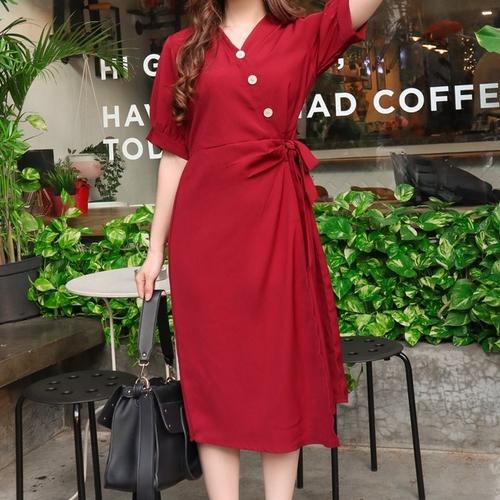 Jual Midi Dress Side Ribbon Maroon Red 